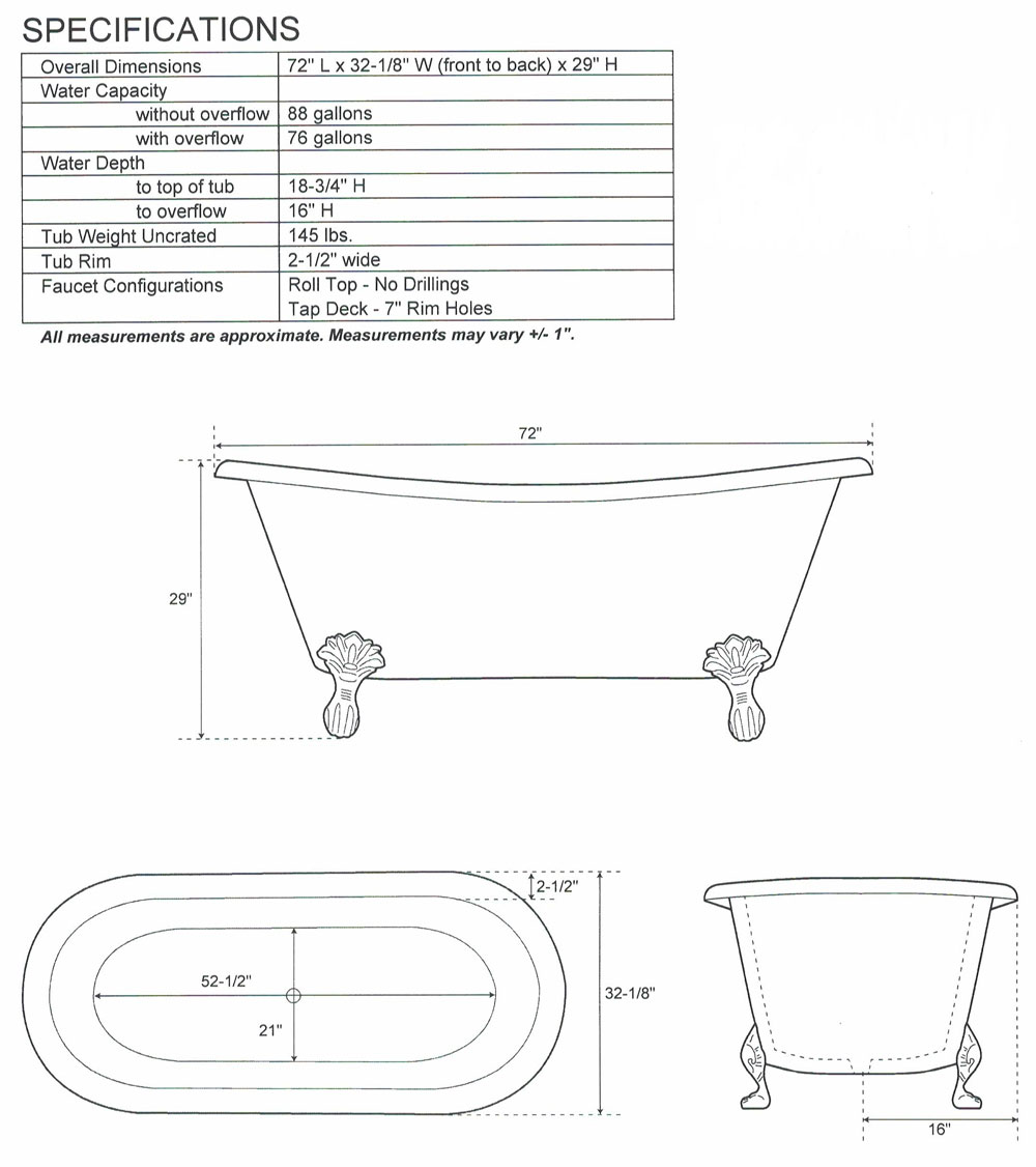 Copper Bathtub Clawfoot Design Technical Drawing by Coppersmith Creations
