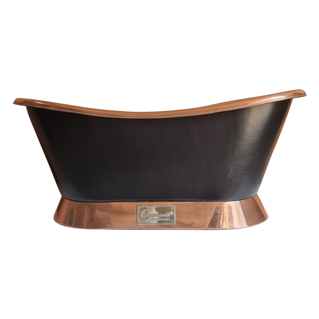 Slanting Base Copper Bathtub Polish Copper Interior & on Base Black Outside