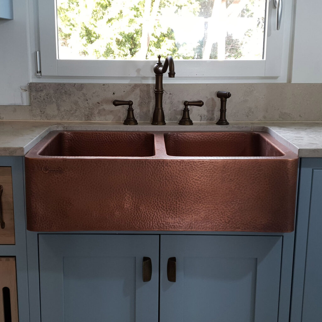 Double Bowl Copper Kitchen Sink Front Apron Hammered Antique Finish