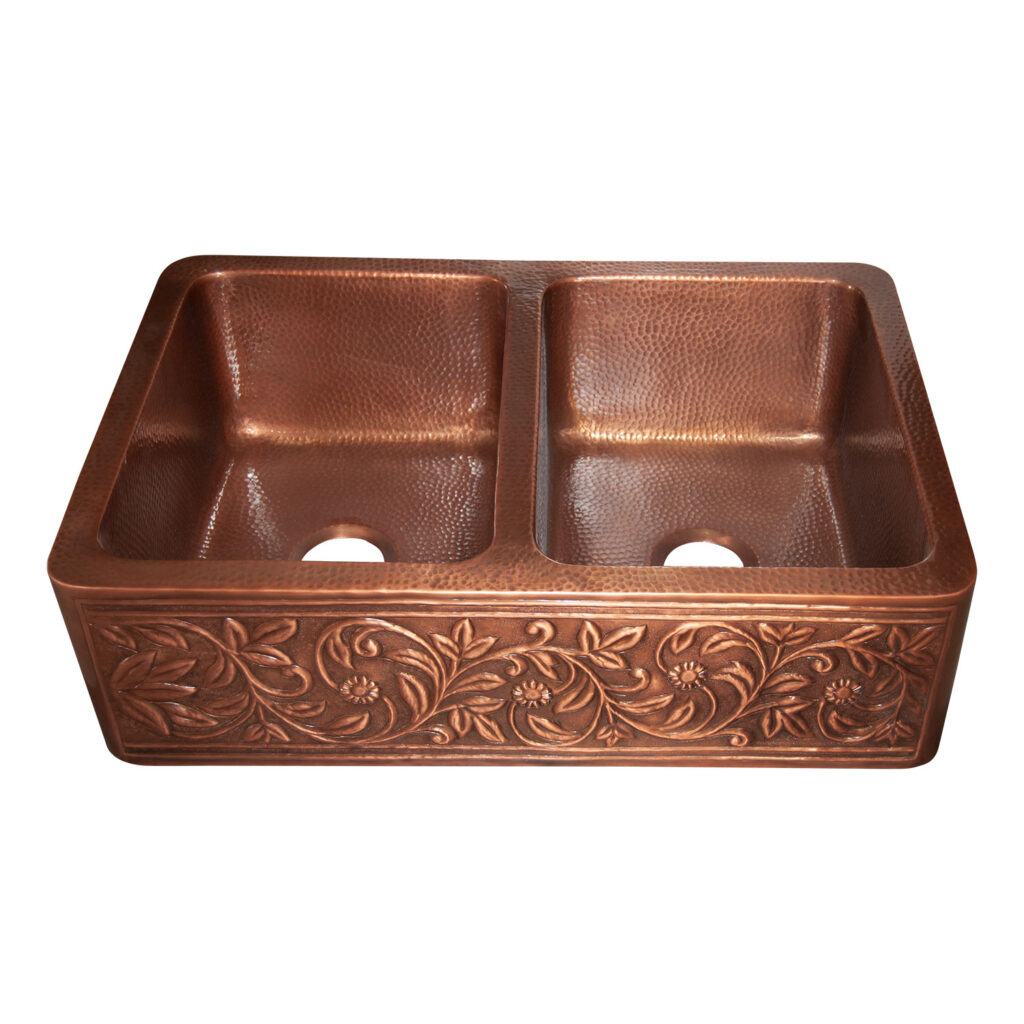 Double Bowl Copper Kitchen Sink Embossed Front Apron Hammered Antique Finish