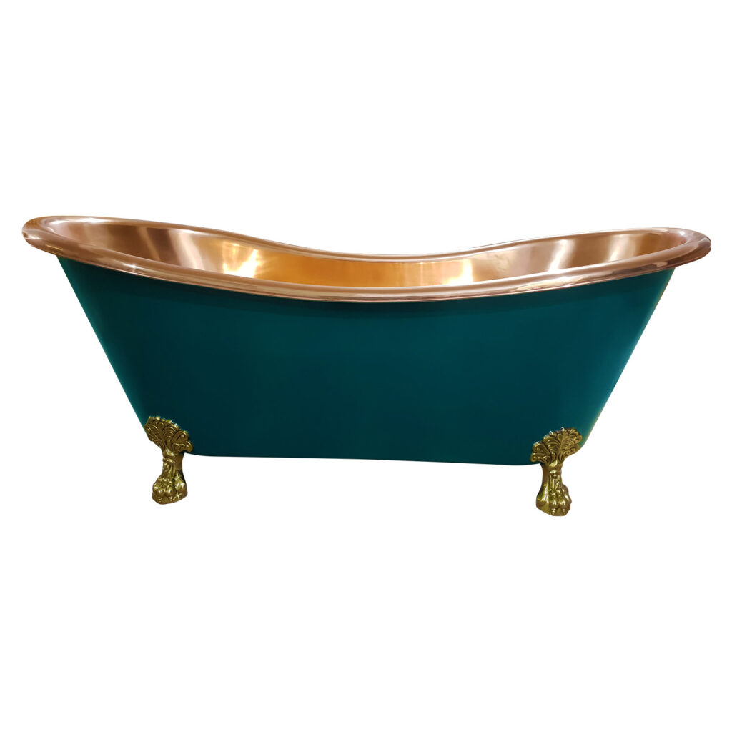 Copper Bathtub RAL 6004 Blue-Green Exterior & Brass Clawfoot Legs
