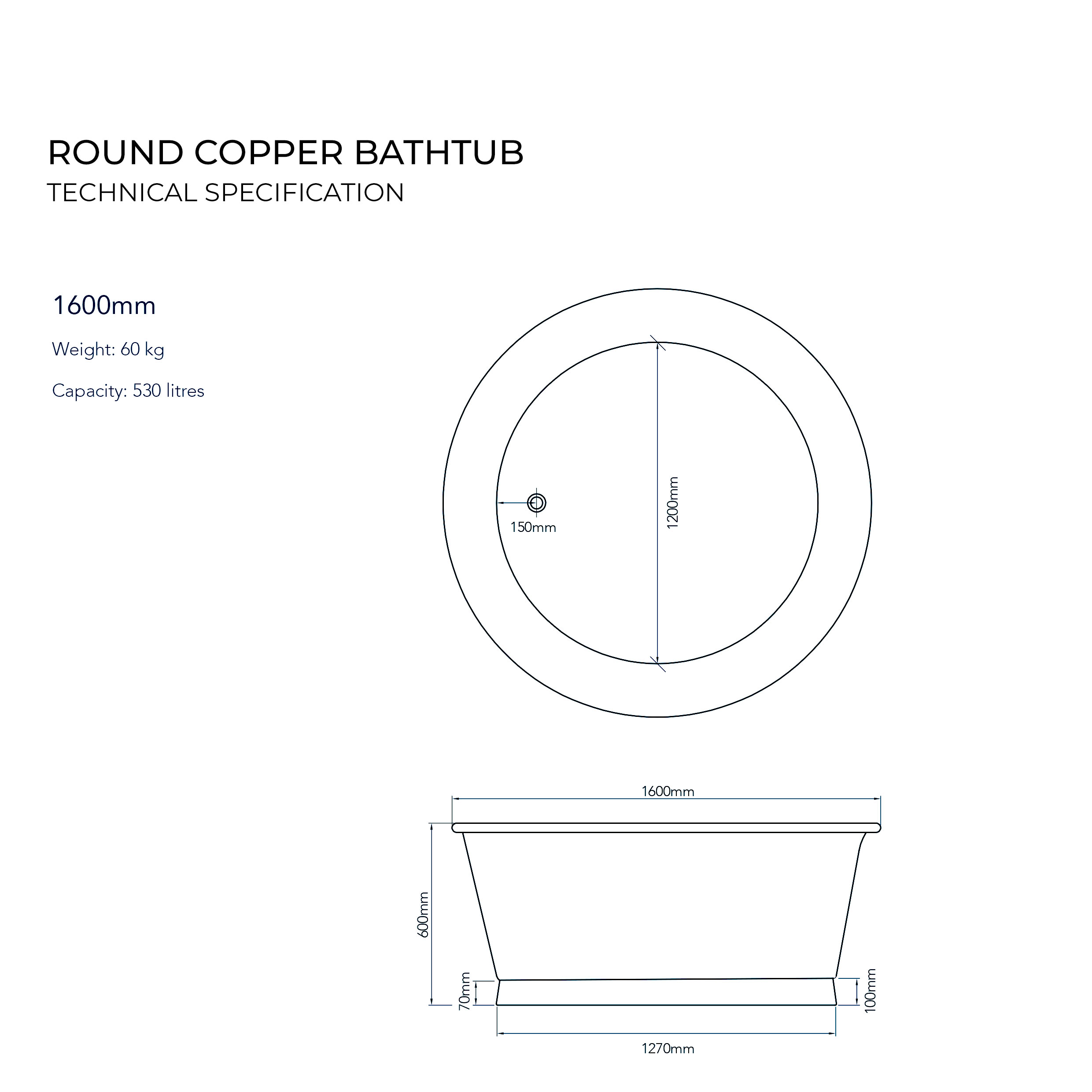 Round Copper Bathtub Technical Drawing