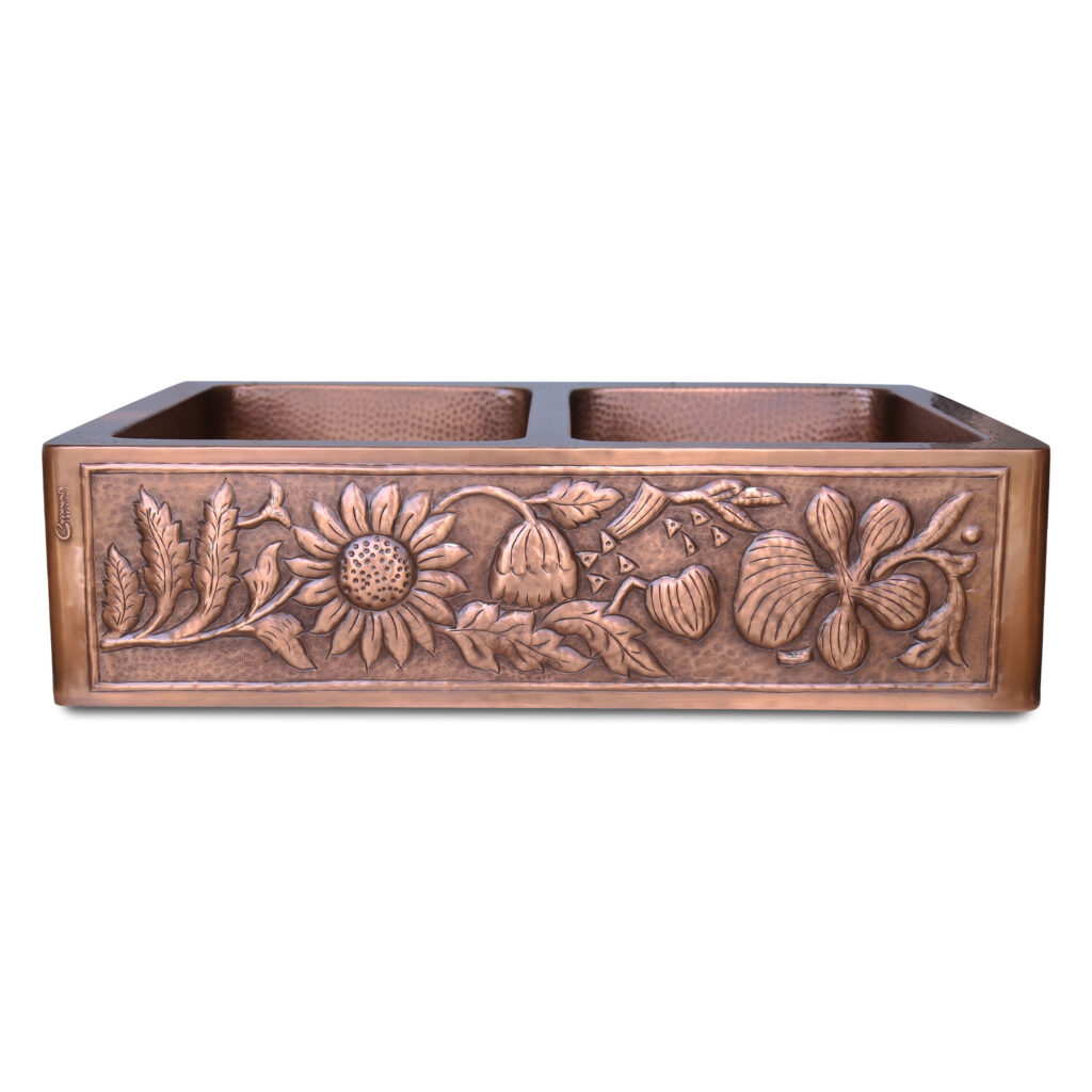 Double Bowl Sunflower Design Front Apron Copper Kitchen Sink