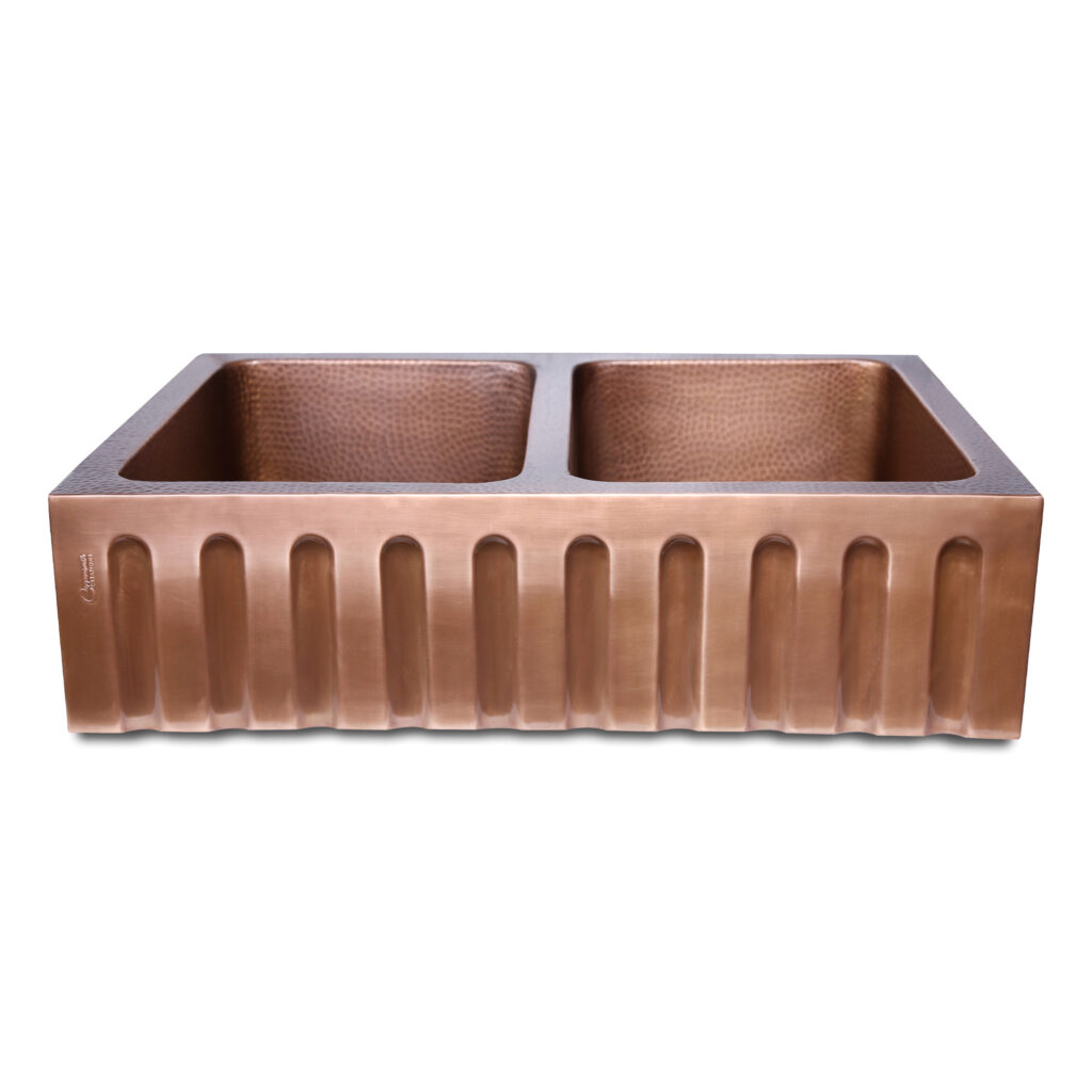 Double Bowl Vertical Parallel Lines Front Apron Copper Kitchen Sink