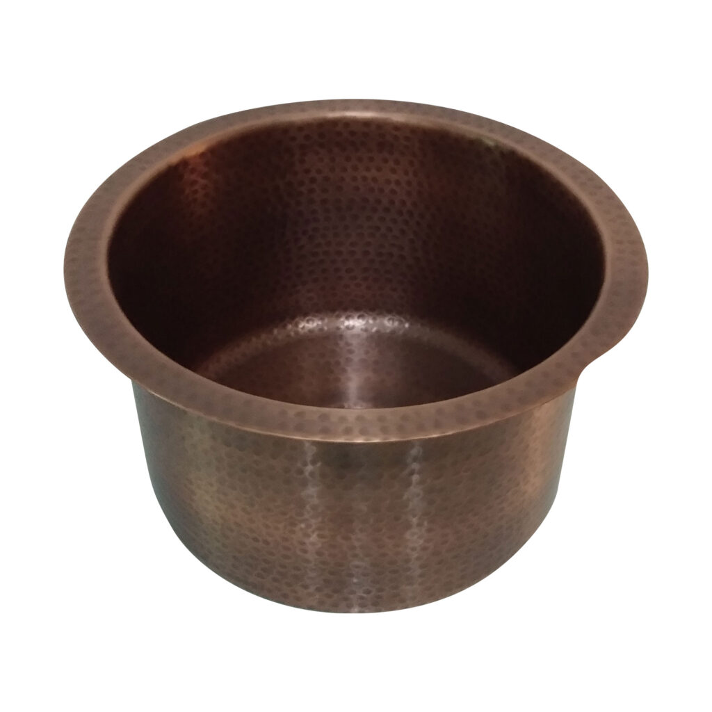 Under mount Copper Sink Dimensions: 14″ diameter x 8″ deep. Made of 16-gauge copper sheet. Antique Hammered Finish Manufacture guaranteed product quality.