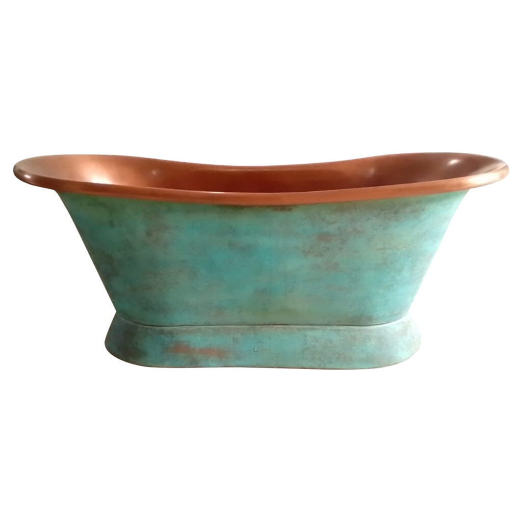 Slanting Base Copper Bathtub Copper Interior & Blue Green Patina Exterior Finish