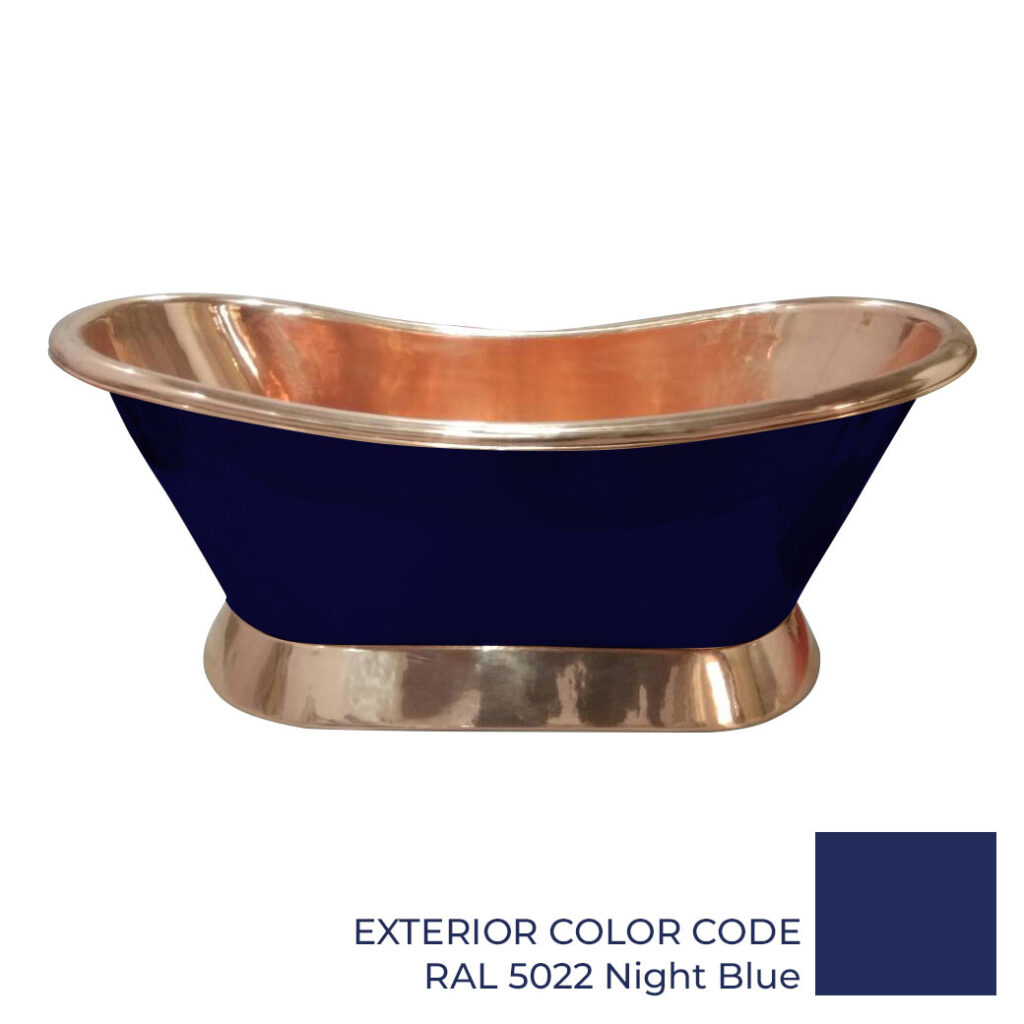 Slanting Base Copper Bathtub Copper Interior & on Base RAL5022 Night Blue Exterior