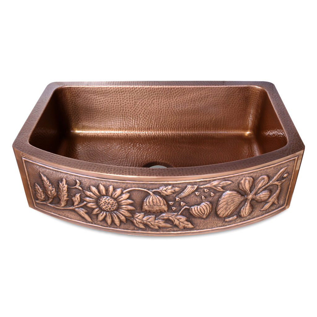 D Shape Sunflower Front Apron Copper Kitchen Sink