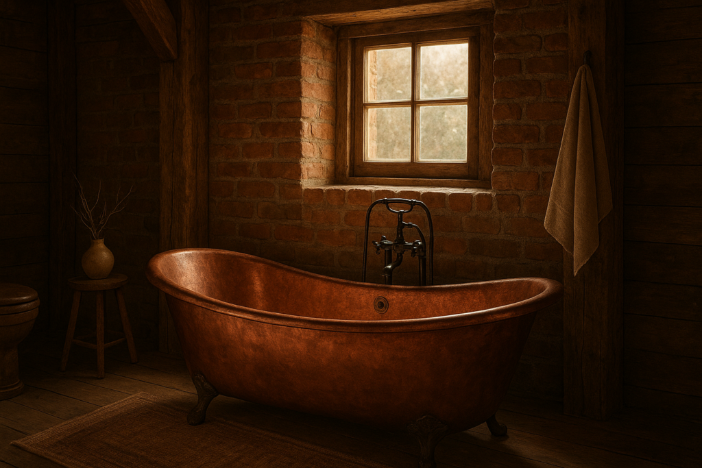 Vintage Copper Bathtub in a Rustic Cabin