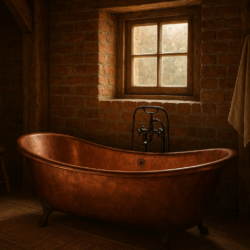 Vintage Copper Bathtub in a Rustic Cabin