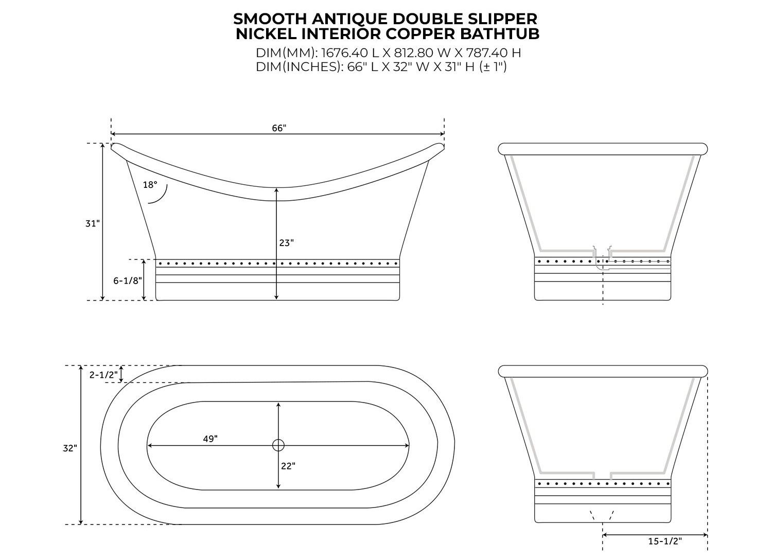 Ribbed Base Smooth Double Slipper Nickel Interior Copper Bathtub