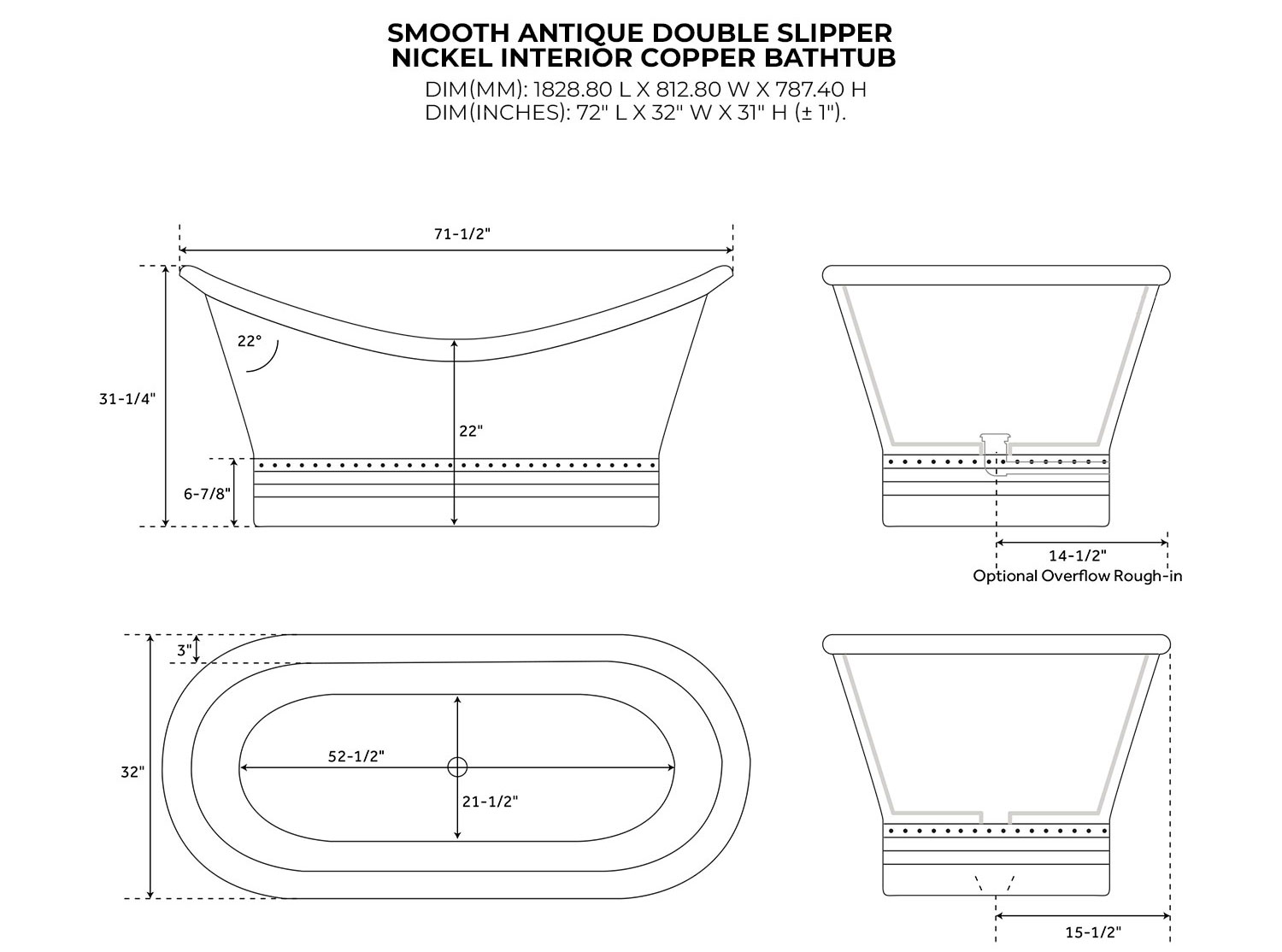 Ribbed Base Smooth Double Slipper Nickel Interior Copper Bathtub