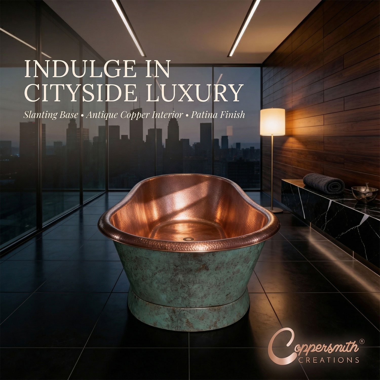 Slanting Base Copper Bathtub Hammered Antique Copper Interior & Patina Exterior Finish