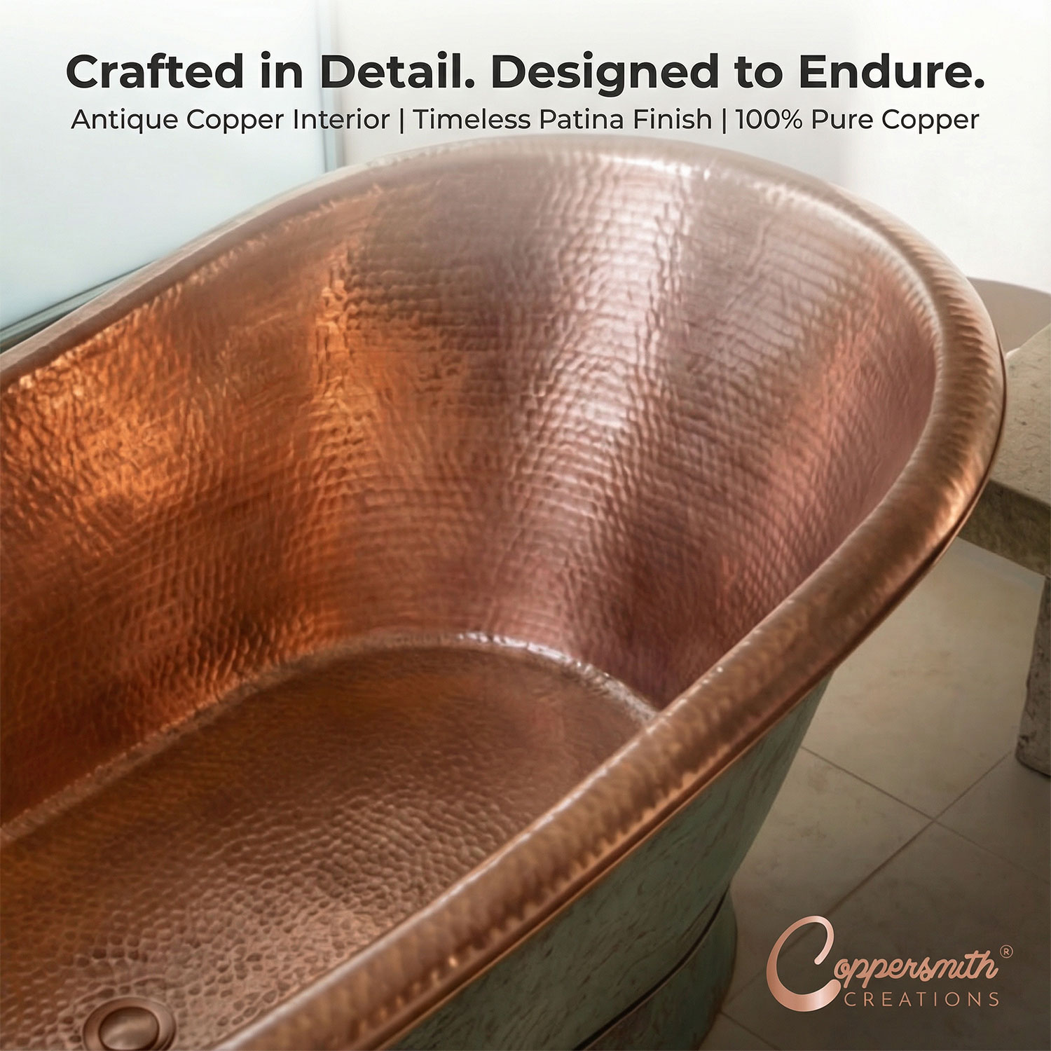 Slanting Base Copper Bathtub Hammered Antique Copper Interior & Patina Exterior Finish