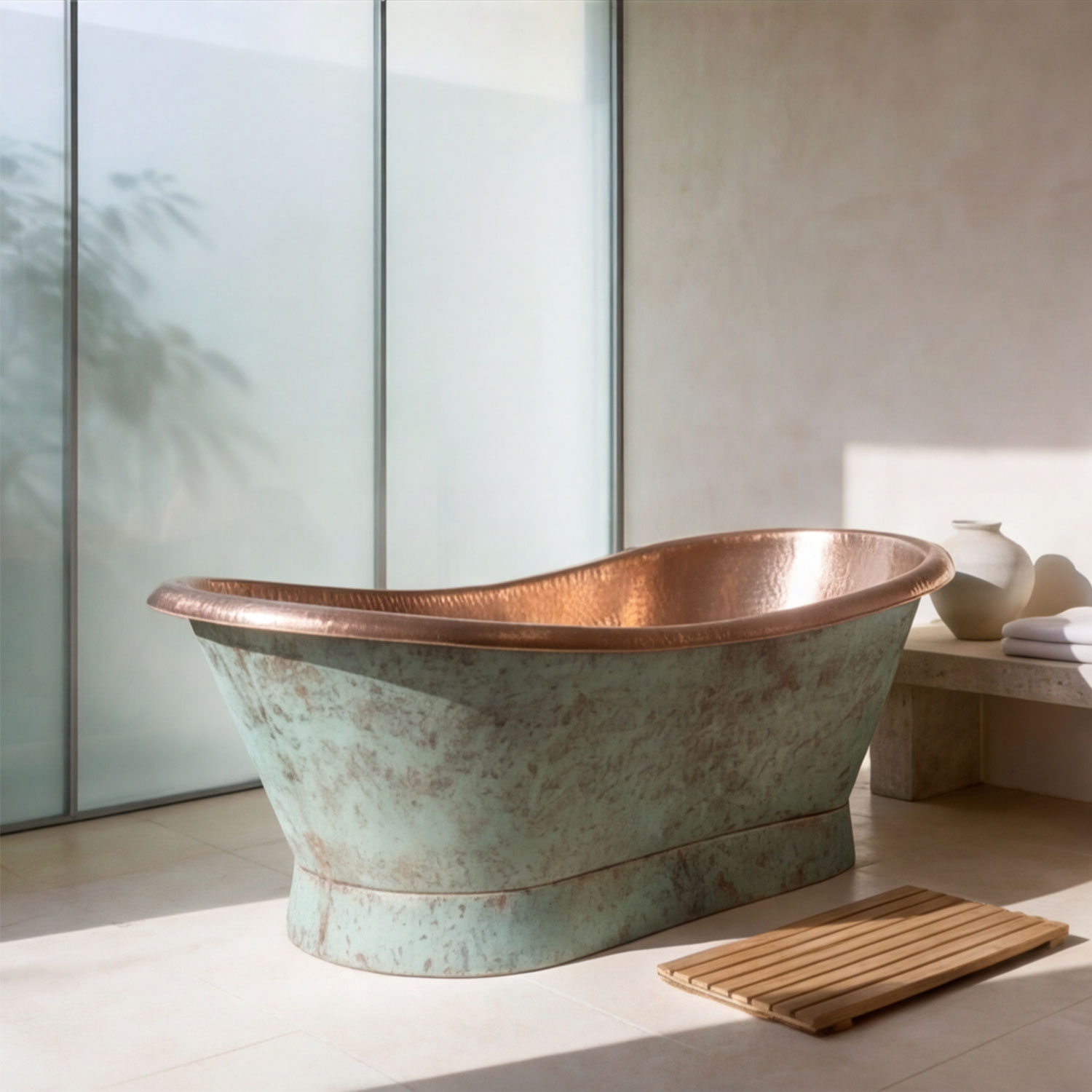Slanting Base Copper Bathtub Hammered Antique Copper Interior & Patina Exterior Finish