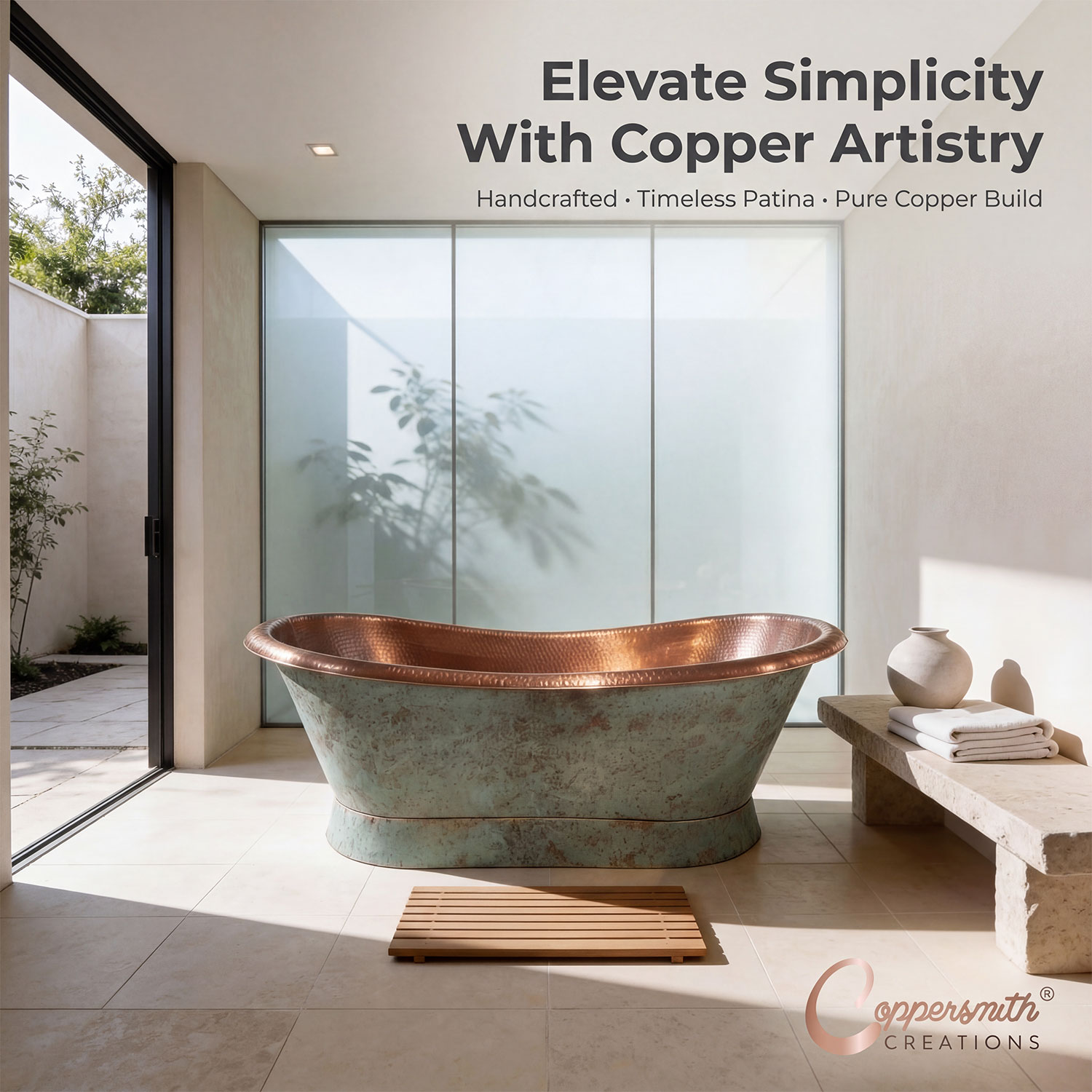 Slanting Base Copper Bathtub Hammered Antique Copper Interior & Patina Exterior Finish