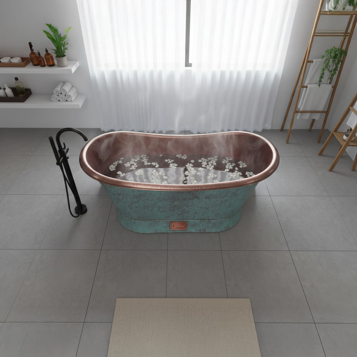 Slanting Base Copper Bathtub Hammered Antique Copper Interior & Patina Exterior Finish