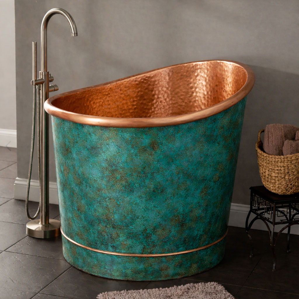39-Inch Japanese Soaking Copper Bathtub Hammered Antique Copper Interior Blue-Green