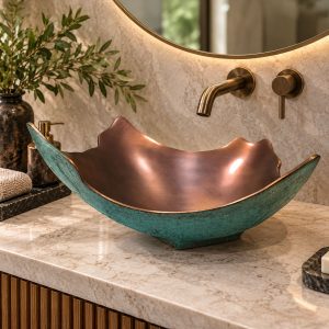 Broken Earthen Vessel Style Cast Bronze Sink Antique Finish Inside & Patina Outside