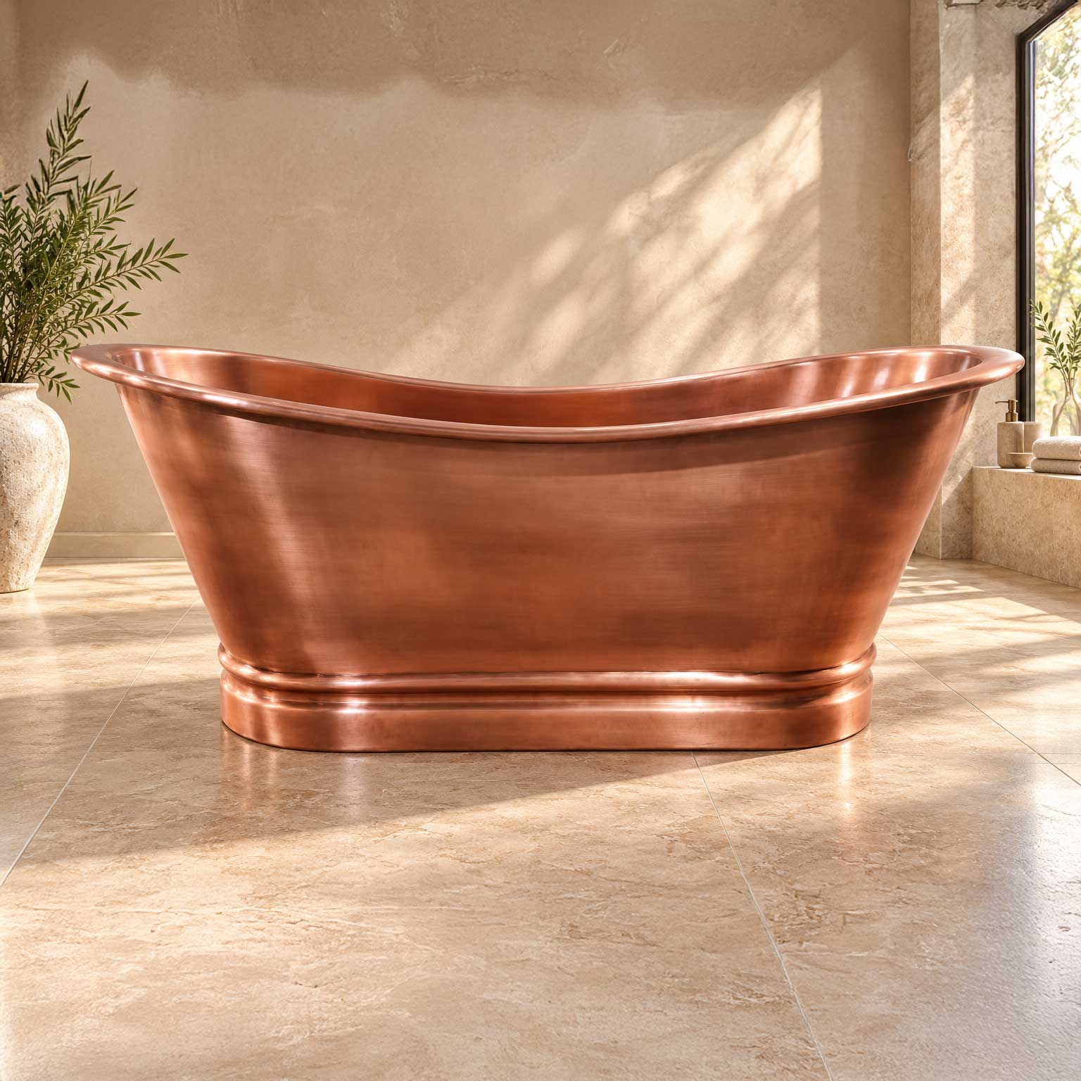 Flat Rim Freestanding Copper Bathtub Smooth Plain Medium Antique Finish Interior & Exterior