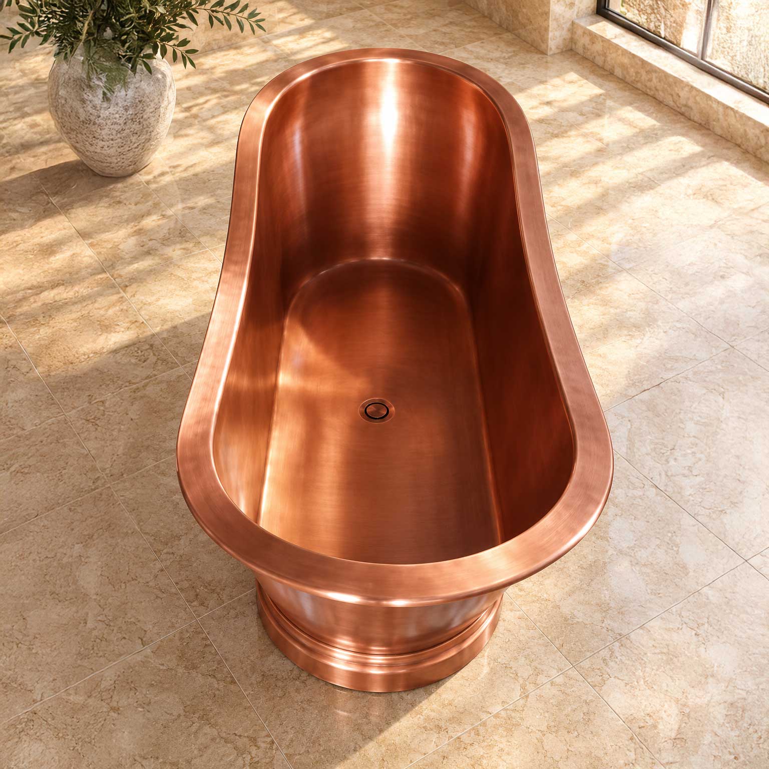 Flat Rim Freestanding Copper Bathtub Smooth Plain Medium Antique Finish Interior & Exterior
